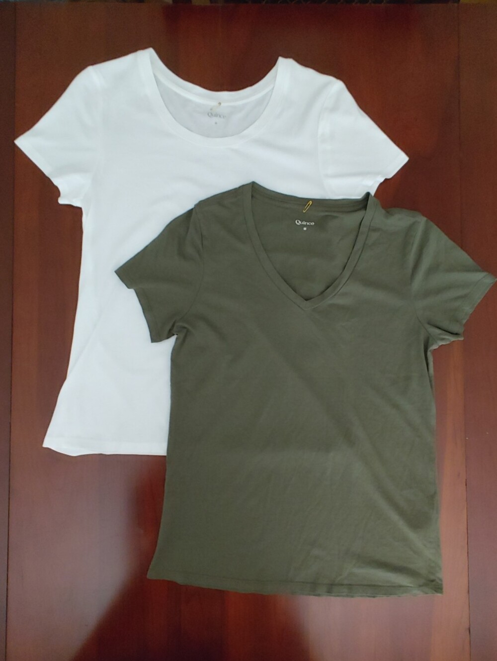 Quince Womens Short Sleeve Tee Duo — White Crew, Olive Vee Neck (#468)